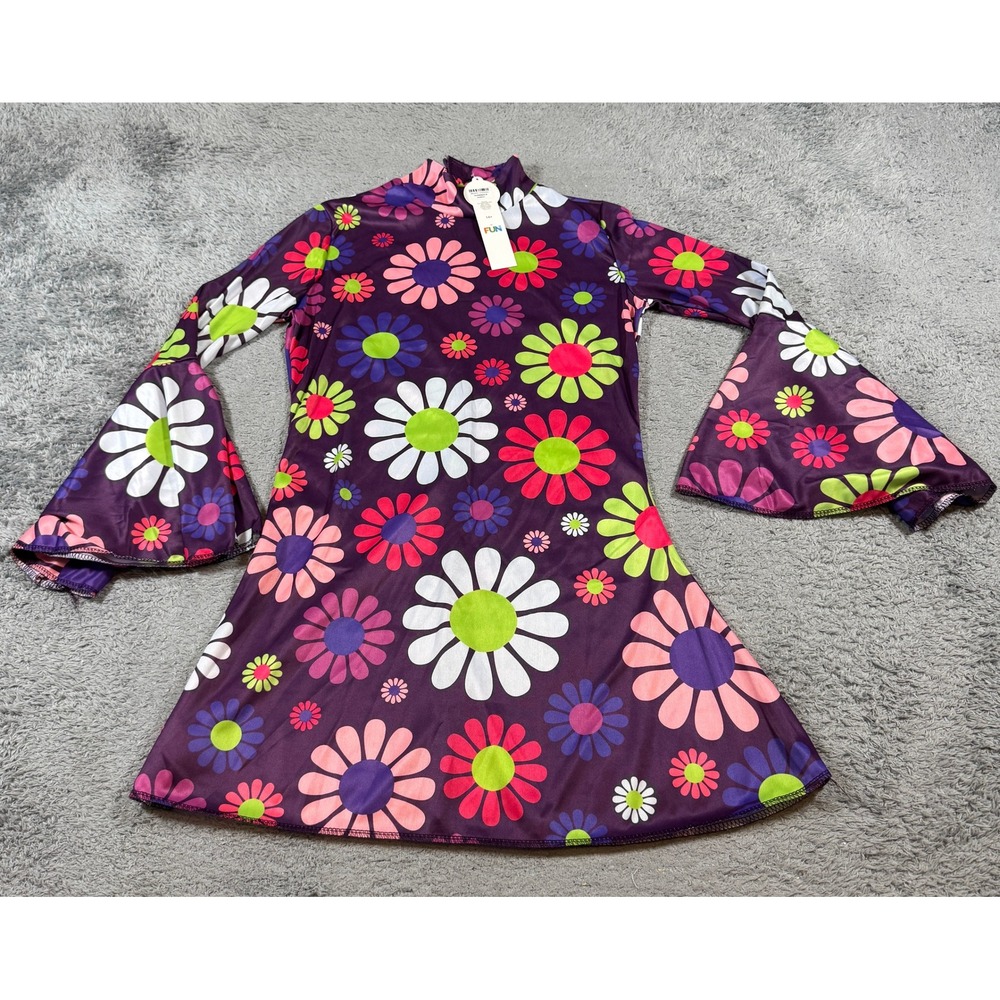 HalloweenCostumes Womens 70s Disco Floral Mini Dress Medium Purple Bell Sleeve